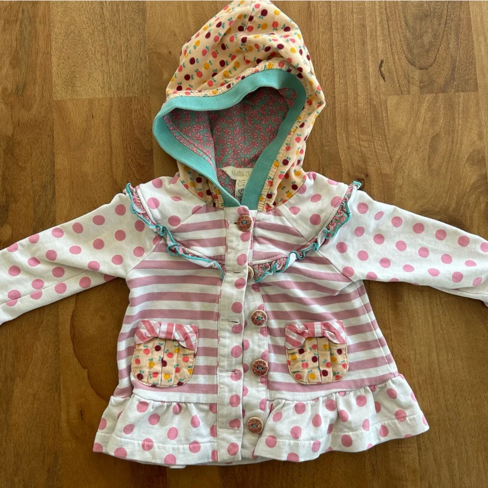 Matilda Jane Polka Dot & Striped Jacket w/ Corduroy Hood & Patches Size 6-12 Mo.